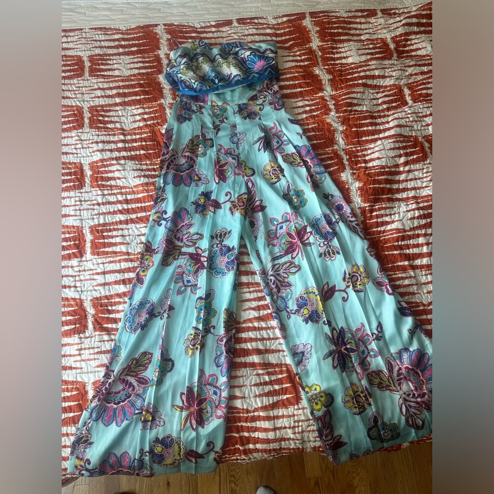 Blue silky strapless romper